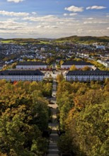 View from the Jübergturm of Sauerland Park in autumn and the city center of Hemer, Märkischer