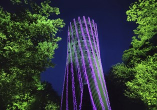 Illumination of the Jübergturm during the HerbstlichtGarten event in Sauerlandpark in Hemer,