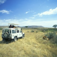 Safari participants watch lions in Serengeti, Tanzania, Africa, June 2000, vintage, retro, old,