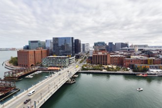 View of Northern Avenue Bridge over Fort Point Channel, steel swing bridge, Seaport District,