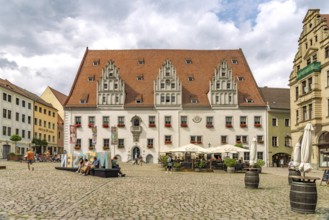 Meissen Town Hall on the market square in Meissen at dusk, Saxony, Germany