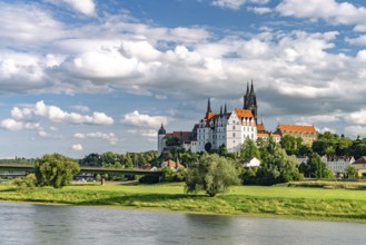 The castle hill with Albrechtsburg, cathedral and the Elbe in Meissen, Saxony, Germany