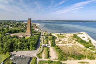 Laboe with the naval memorial, beach and dune landscape on the Kiel Fjord seen from above, Laboe,