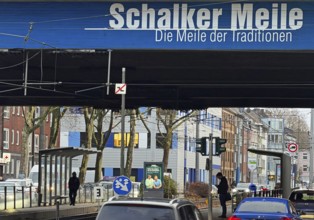 Schalker Meile logo on the A42 motorway bridge, Schalke district exit, Gelsenkirchen, Ruhr area,