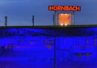 Hornbach sign above the Glückauf Kampfbahn of FC Schalke 04, Gelsenkirchen, Ruhr area, North