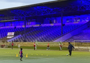 Youth training in the royal blue Glückauf Kampfbahn of FC Schalke 04, Gelsenkirchen, Ruhr area,