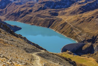 The dam and turquoise lake Lac de Moiry, Val d'Anniviers, Valais Alps, Canton of Valais,