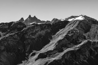 Snowy peaks of the Pointe de Moiry mountains, black and white photo, Val d'Anniviers, Valais Alps,