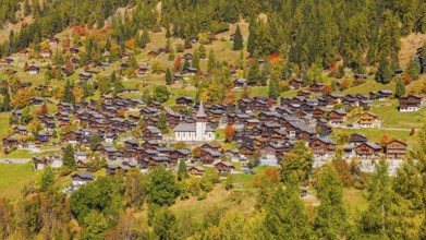 The mountain village of Ayer with autumn colors, Val d'Anniviers, Valais Alps, Canton of Valais,