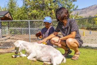 Mother and son enjoying a sunny day outdoors at a petting zoo in kamloops, british columbia,