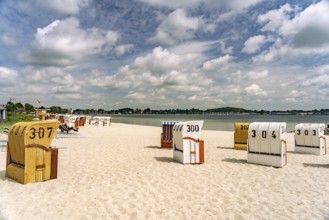 Beach chairs on Eckernförde beach, Schleswig-Holstein, Germany