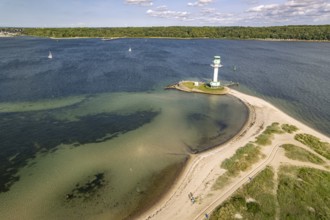 Falkensteiner Beach and Friedrichsort lighthouse on the Kiel Fjord seen from above, Kiel,