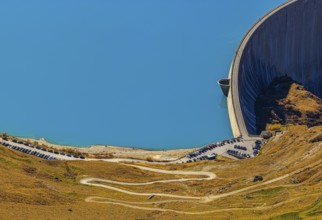 The dam and turquoise lake Lac de Moiry, Val d'Anniviers, Valais Alps, Canton of Valais,