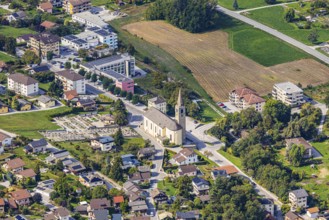 The village of Chalais with the church, view of Vercorin, Val d'Anniviers, Valais Alps, Canton of