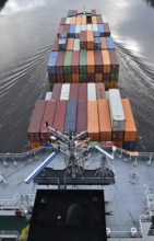 Aerial view of shipping container, container ship NORDIC PORTO photographed from above, Kiel Canal,
