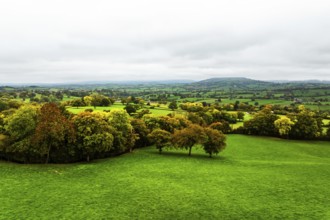 Autumn colours over Wales Farms and Fields from a drone, Grosmont, Abergavenny, Monmouthshire,