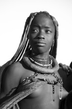 Black and white, portrait, Himba woman, traditional clothing, Kaokoveld, Kunene, Namibia