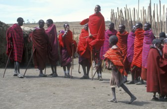 Maasai men showing traditional jumps, Ngorongoro Crater, Tanzania, Africa, June 2000, vintage,