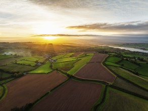 Colours of autumn Fields and Farms over Sheldon from a drone, Torbay, Devon, England, United