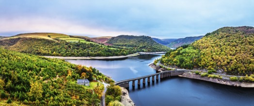 Autumn over Garreg Ddu Dam from a drone, Elan Valley, Caban-Coch Reservoir, Rhayader, Wales, UK