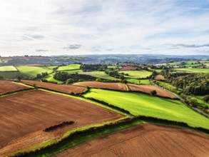 Colours of Devon Farms and Fields over Paignton and Berry Pomeroy from a drone, Totnes, England,