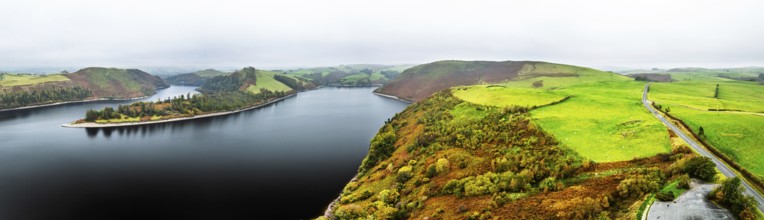 Autumn colours over Llyn Clywedog and Clywedog Reservoir from a drone, Llanidloes, Wales, UK