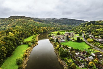 Autumn over Wye Valley and River Wye from a drone, Tintern, Chepstow, Monmouthshire, Wales, UK