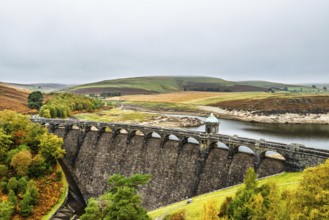 Autumn over Craig Goch Dam from a drone, Elan Valley Reservoirs, Elan Valley, Rhayader, Powys,