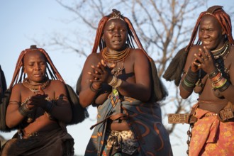 Himba woman dancing euphorically, traditional dance, traditional Himba village, Kaokoveld, Kunene,