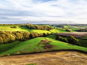 Colours of Devon Farms and Fields over Berry Pomeroy from a drone, Totnes, England, United Kingdom
