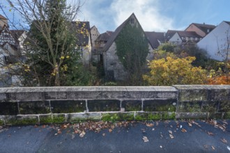 Historic city wall built in the 14th century, old town houses behind, Lauf an der Pegnitz, Middle