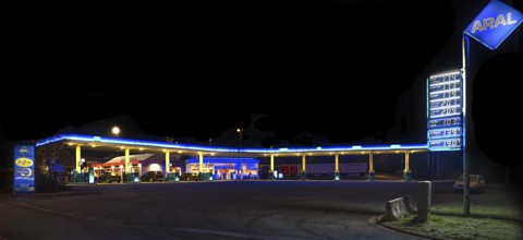 Gas station at night, Schnaittach, Middle Franconia, Bavaria, Germany