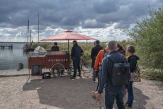 People queue at a fish stand for a fish sandwich, in the port of Wustow, Mecklenburg-Western