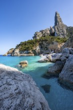 Light blue clear sea on a dream beach on Cala Goloritzé, picturesque rocky coast, steep coast with