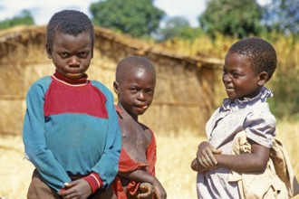 Children posing for the camera on the side of the road, Bwangu Mzimba, Malawi, Africa, June 2000,