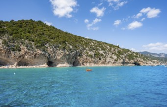 Kayakers in clear blue water, picturesque rocky coast, cliffs and Cala Luna beach, Golfo di Orosei,