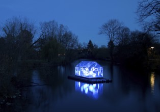 The river Lippe with the artwork Arche by Christoph Hildebrand at night, Lichtpromenade Lippstadt,