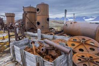 Steam engine at abandoned marble quarry Camp Mansfield, Ny London near Ny-Alesund,