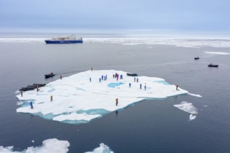 Aerial view over ecotourists from Iceland Pro Cruises walking on ice floe drifting in the Arctic