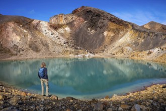 A hiker at one of the Emerald Lakes and Red Crater, Panorama, Tongariro alpine crossing, Tongariro