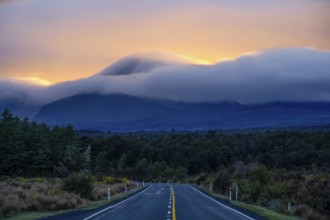 Mount Ngauruhoe in the morning at sunrise with glowing clouds, road SH 47. Tongariro National Park,