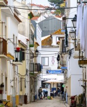 Typical Mediterranean architecture with small narrow streets and streets, Nazare, Portugal