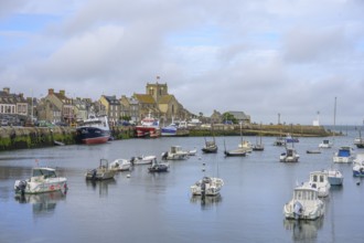 Boats are moored in harbor at low tide, Barfleur, Manche department, France