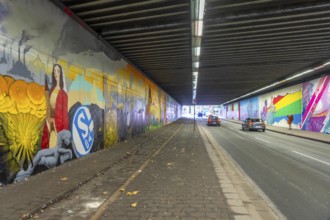 Huge street art pictures in a road tunnel in Gelsenkirchen, the approximately 120 meter long