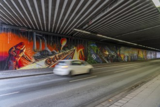 Huge street art pictures in a road tunnel in Gelsenkirchen, the approximately 120 meter long