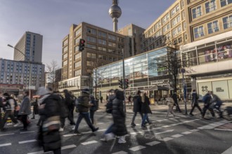 Passers-by on a Grunerstraße pedestrian crossing near Alexander Platz, Berlin Radio Tower, Berlin,