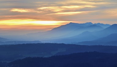View of the Jura foothills from the Gisliflue, in the light of the setting sun, Talheim, Canton,