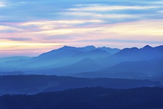 View of the Jura foothills from the Gisliflue, in the light of dusk, Talheim, Canton, Aargau,