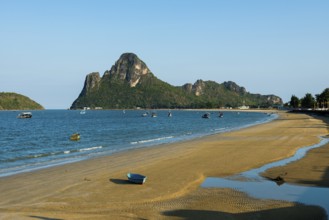 Lonely sandy beach and mountains, sunset, Prachuap Khiri Khan, Prachuap Khiri Khan Province,