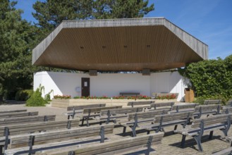 Stage for events, benches in front of it, spa garden, town of Schliersee, Upper Bavaria, Bavaria,